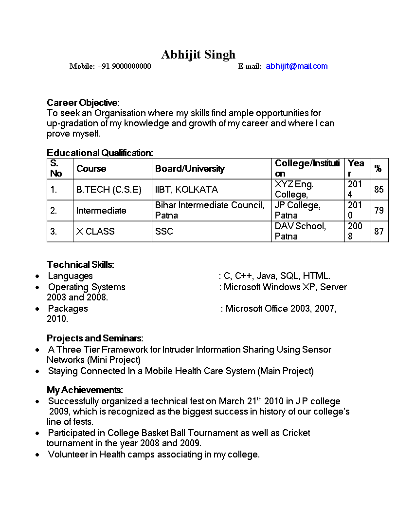 sample resume for freshers engineers computer science