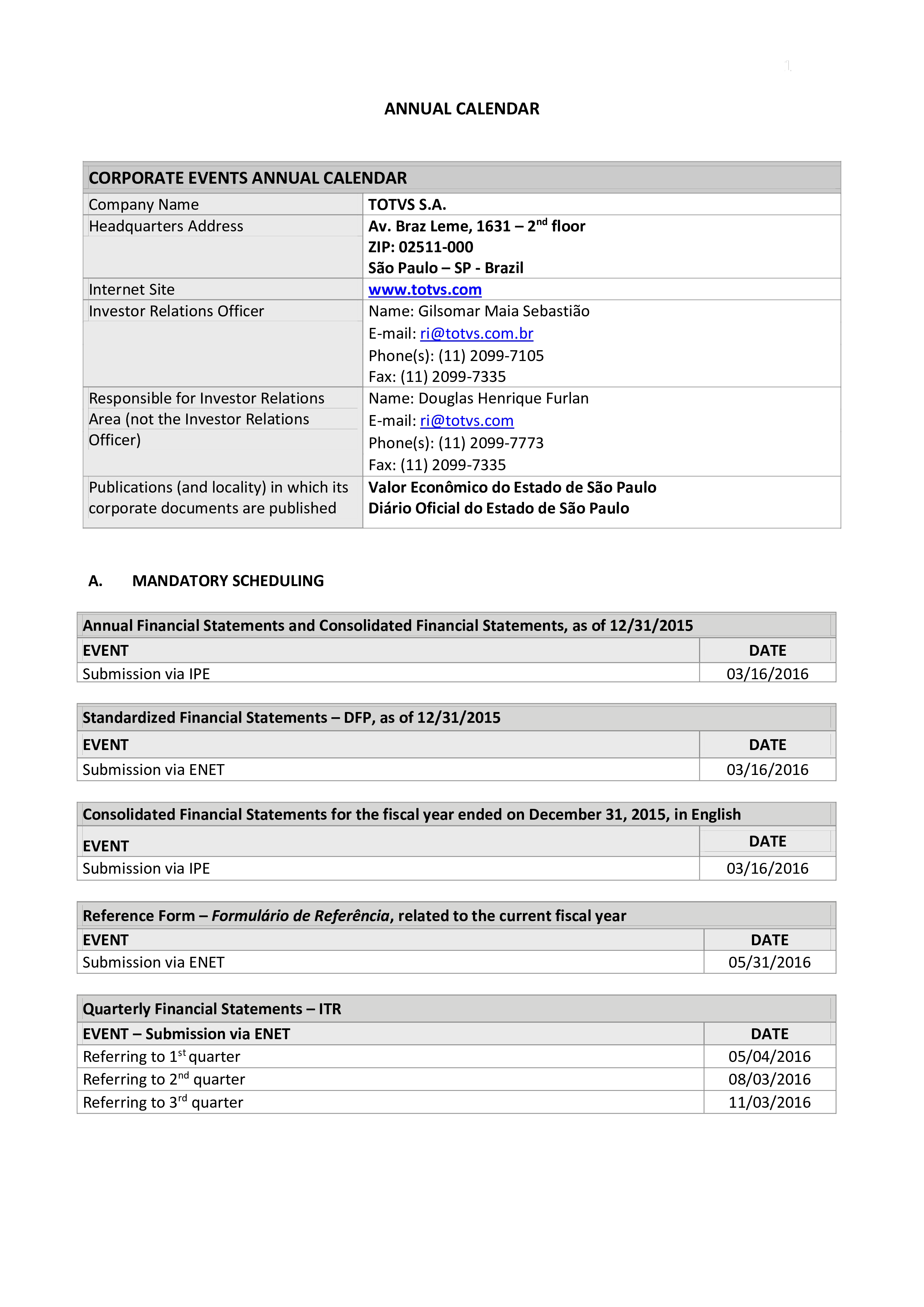 annual corporate calendar template