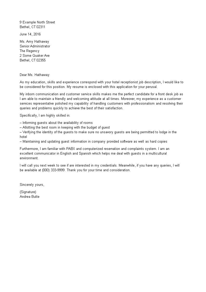 application letter for a hotel receptionist