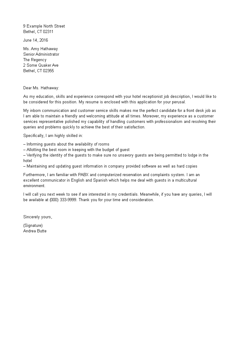 job application letter for hotel receptionist plantilla imagen principal