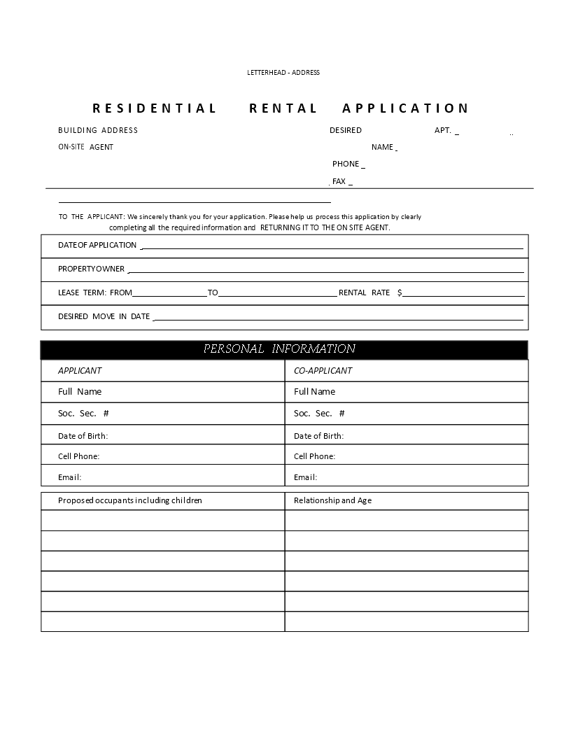 residential rental application modèles