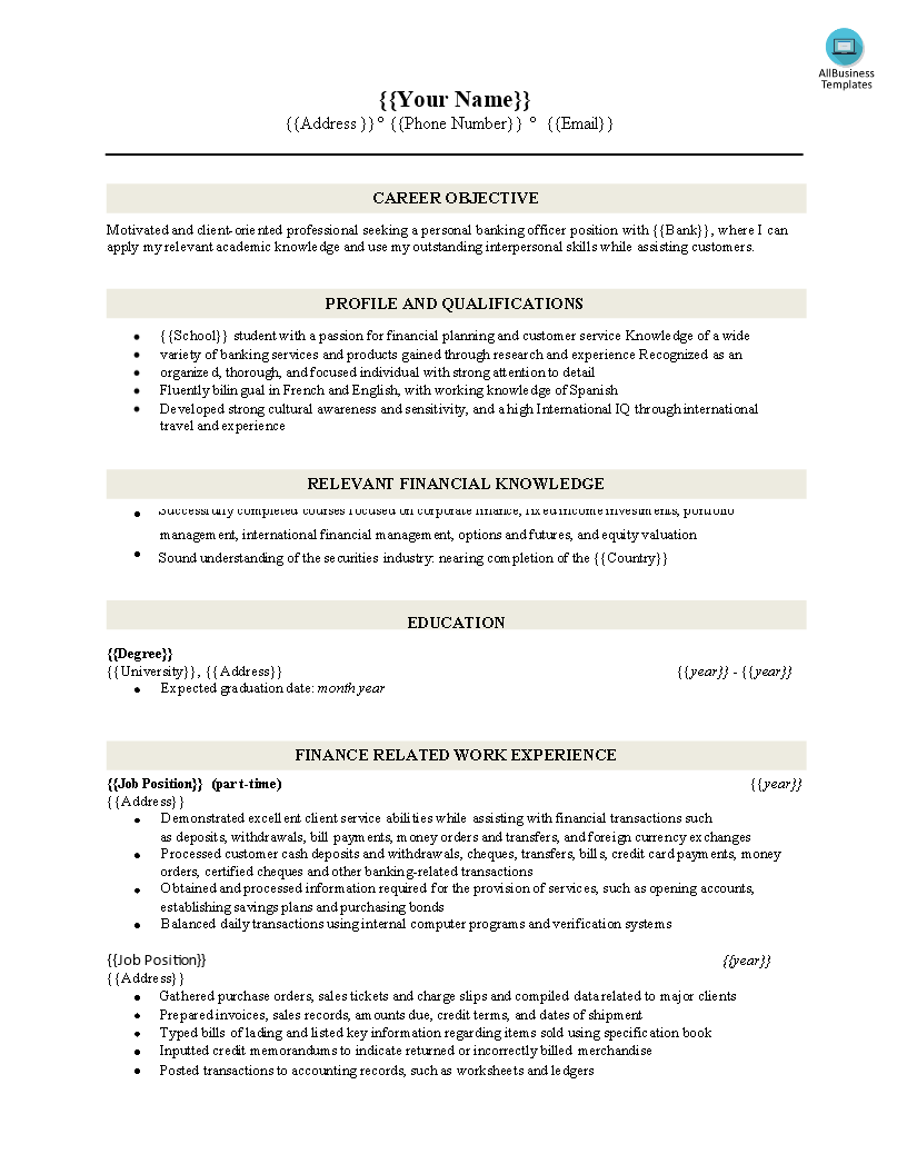 Banking Customer Service Representative CV Sample 模板