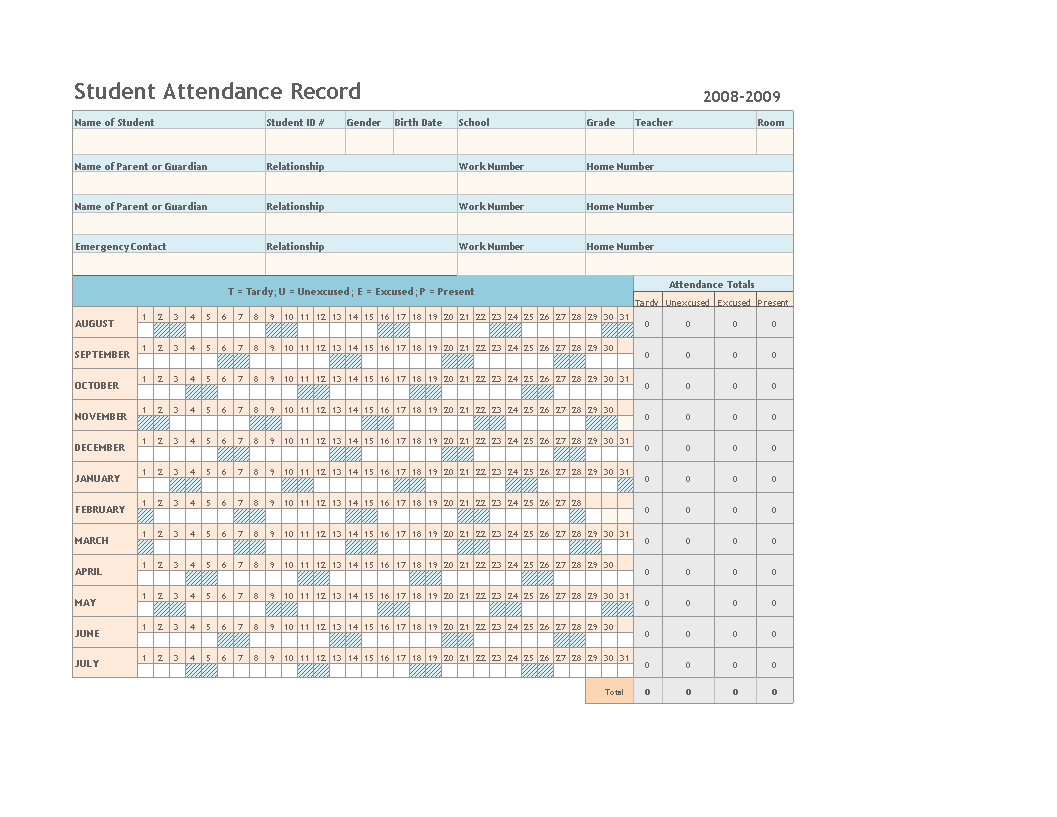 monthly attendance sheet students at courses template