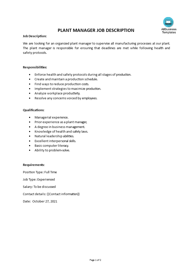 plant manager job description template