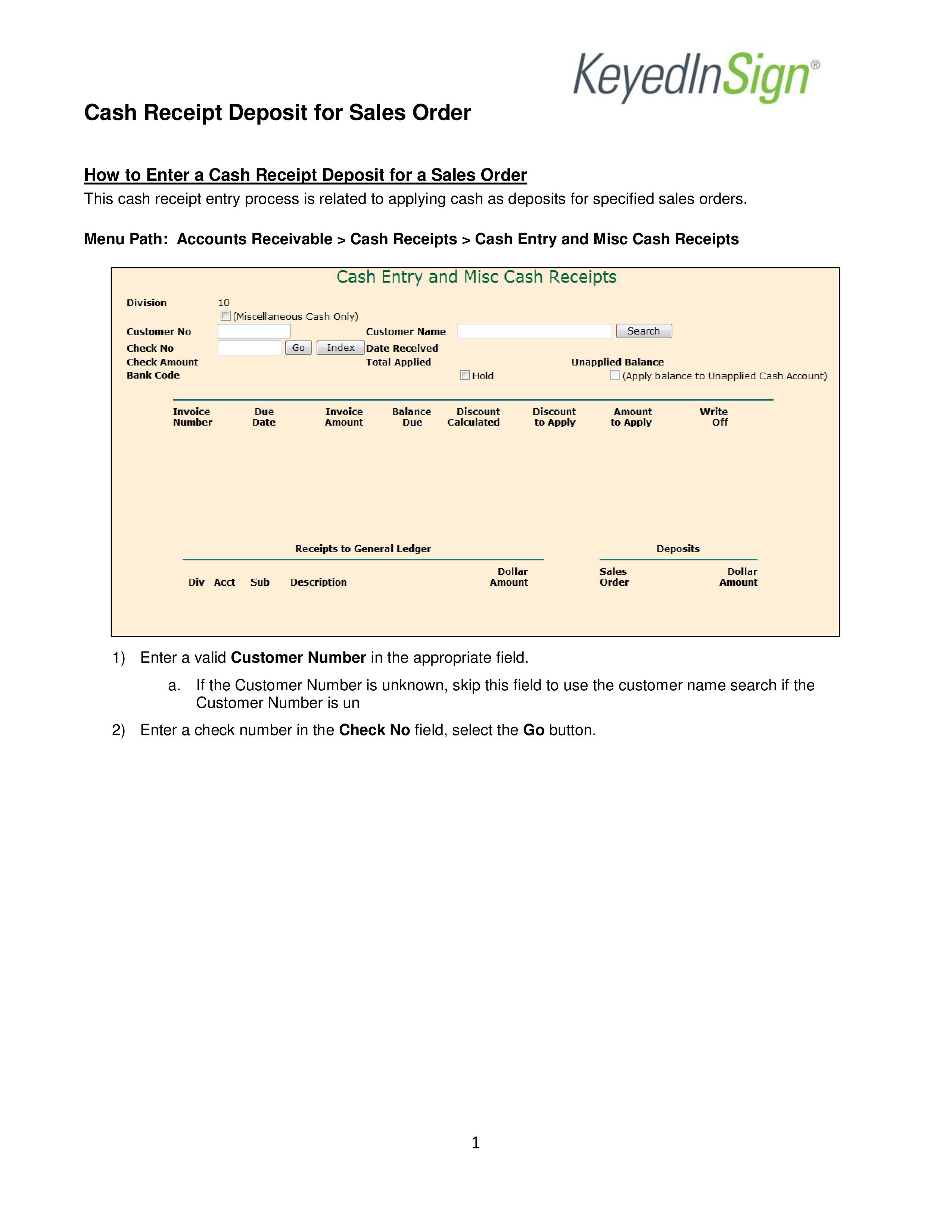 cash receipt deposit for sales order voorbeeld afbeelding 