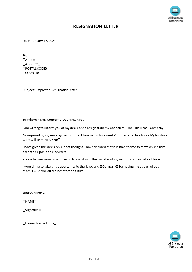 resignation letter word format with notice period template