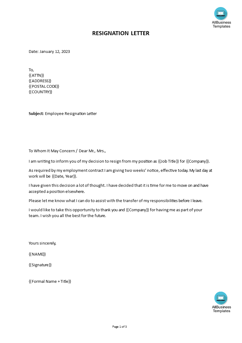 resignation letter word format with notice period voorbeeld afbeelding 