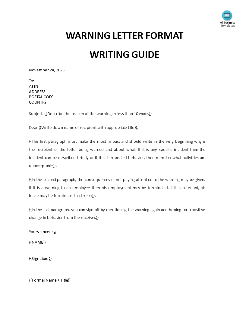 warning letter format template Hauptschablonenbild