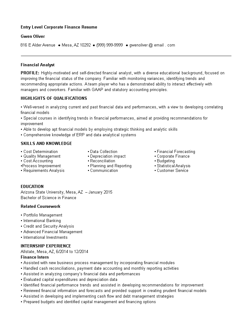Entry Level Corporate Finance Resume 模板