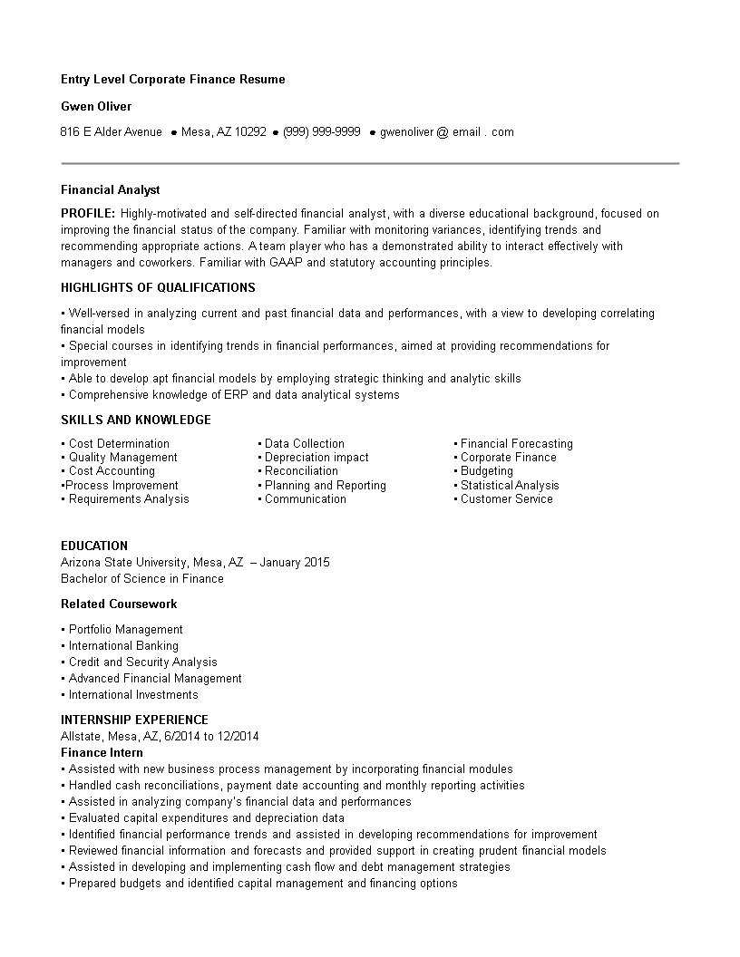 Entry Level Corporate Finance Resume main image