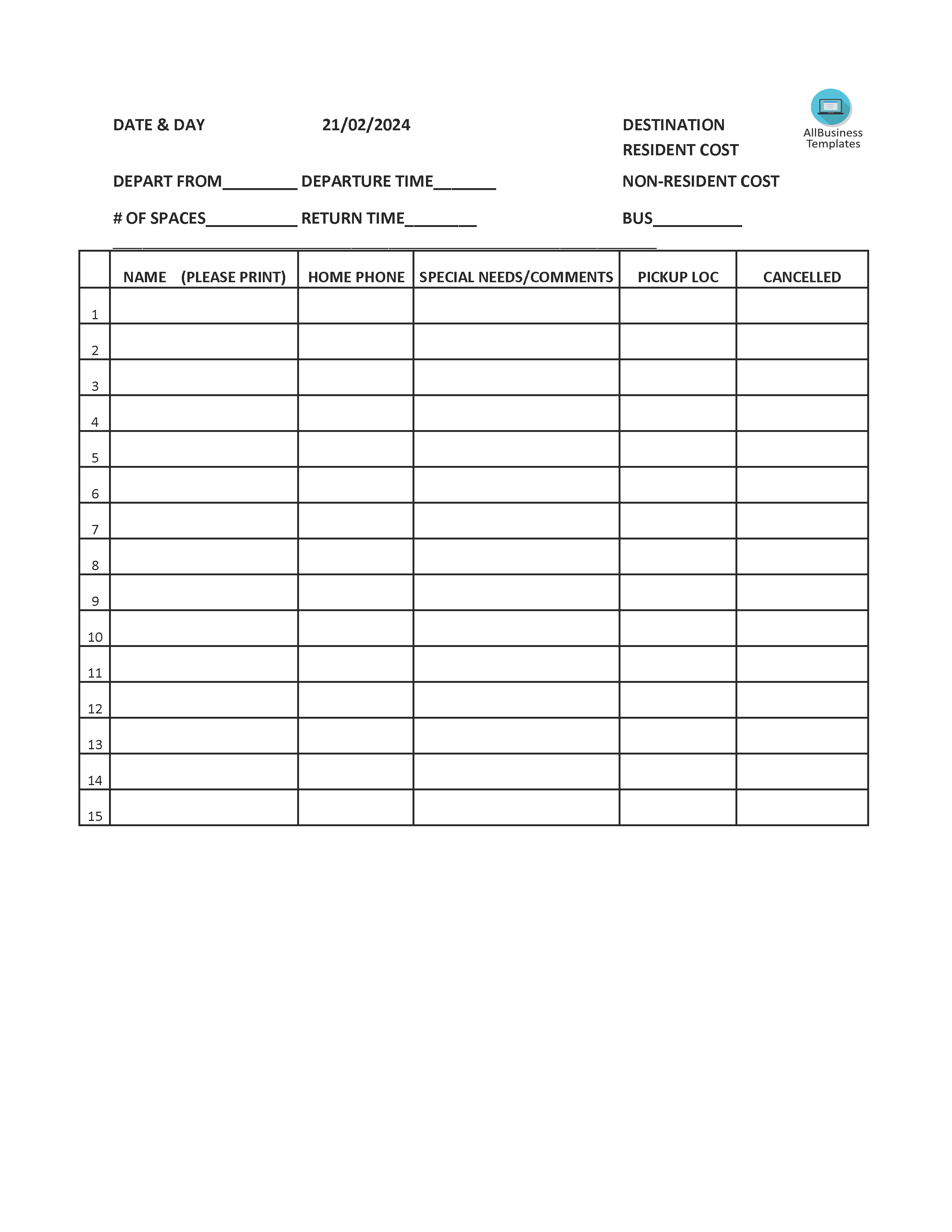 sign-up sheet worksheet modèles