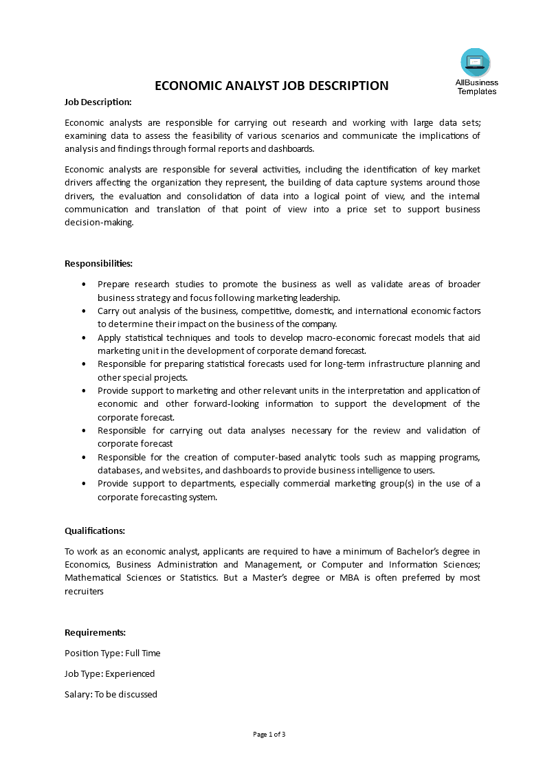 economic analyst job description template