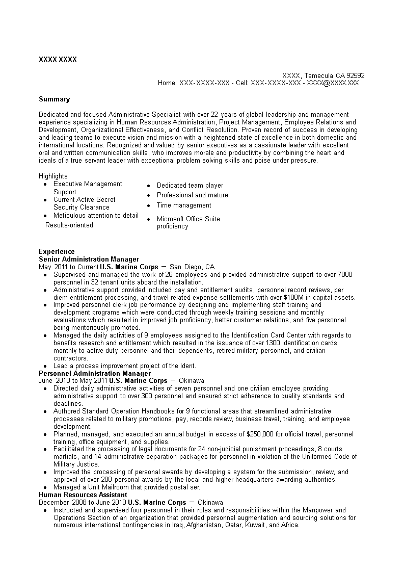 Senior Administration Manager Resume 模板