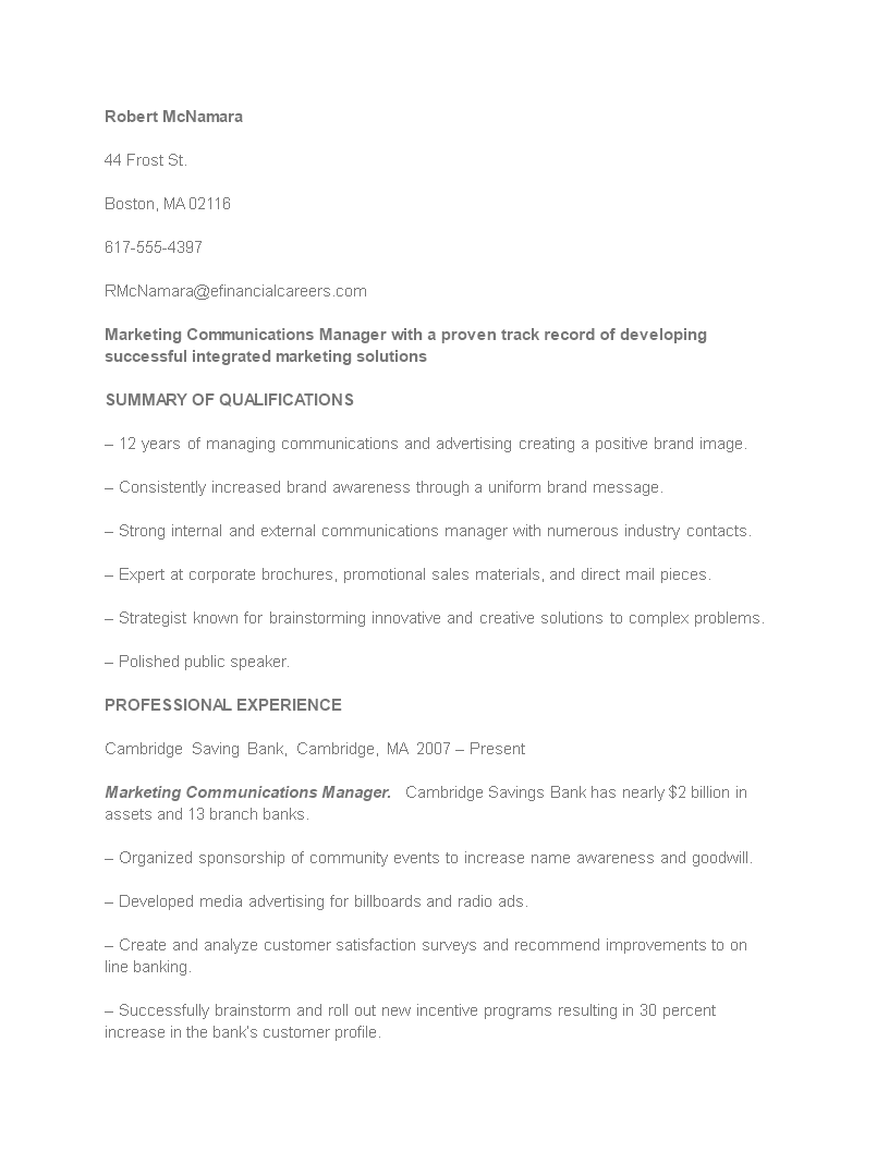 Marketing Communications Manager Resume main image