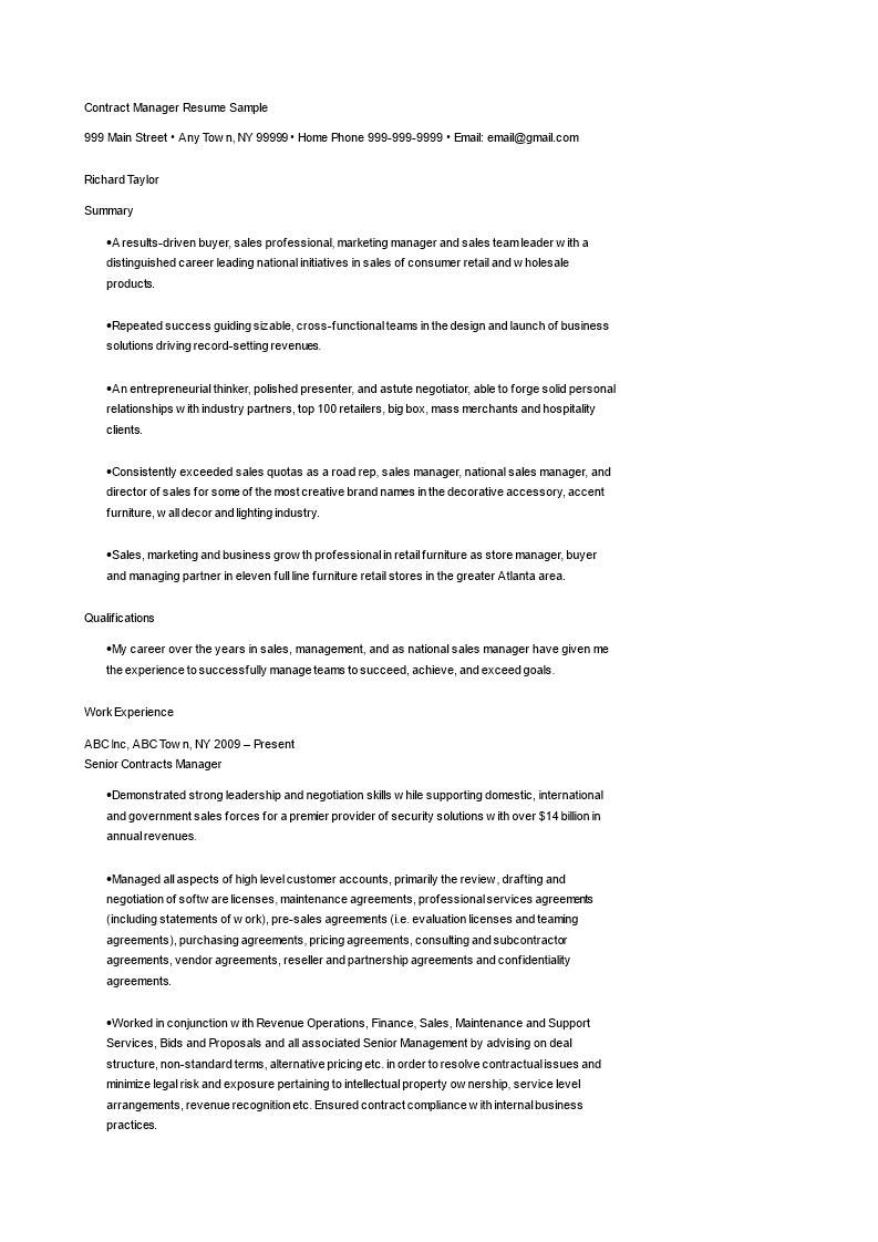 contract manager resume sample plantilla imagen principal