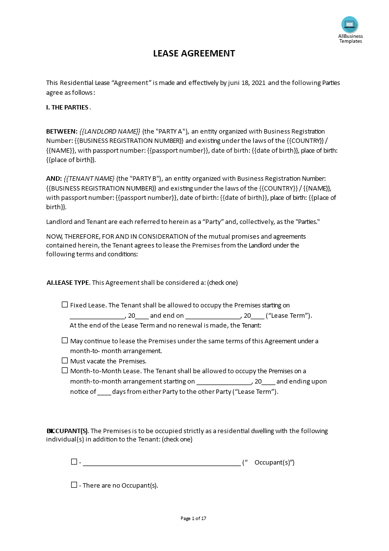 rental lease agreement template