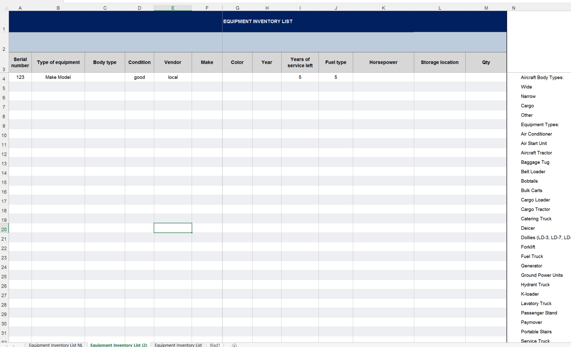 Company Equipment Inventory List 模板