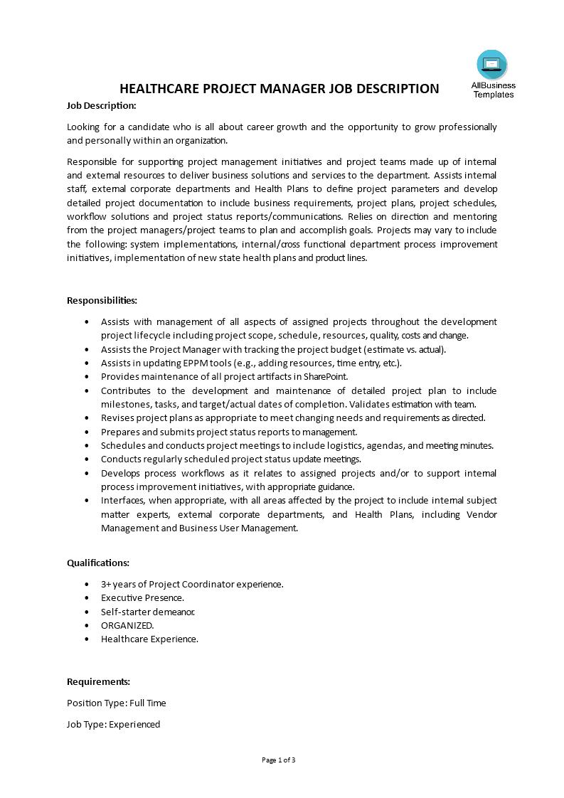 healthcare project manager job description plantilla imagen principal