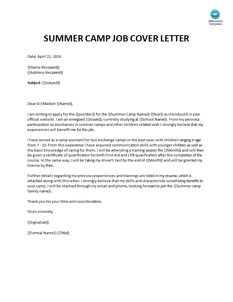 Summer Camp Job Cover Letter 模板