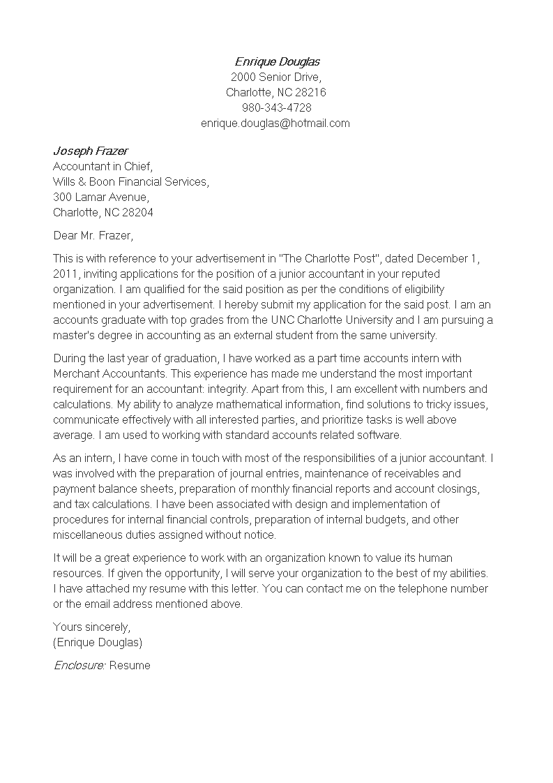 junior accounting application letter template