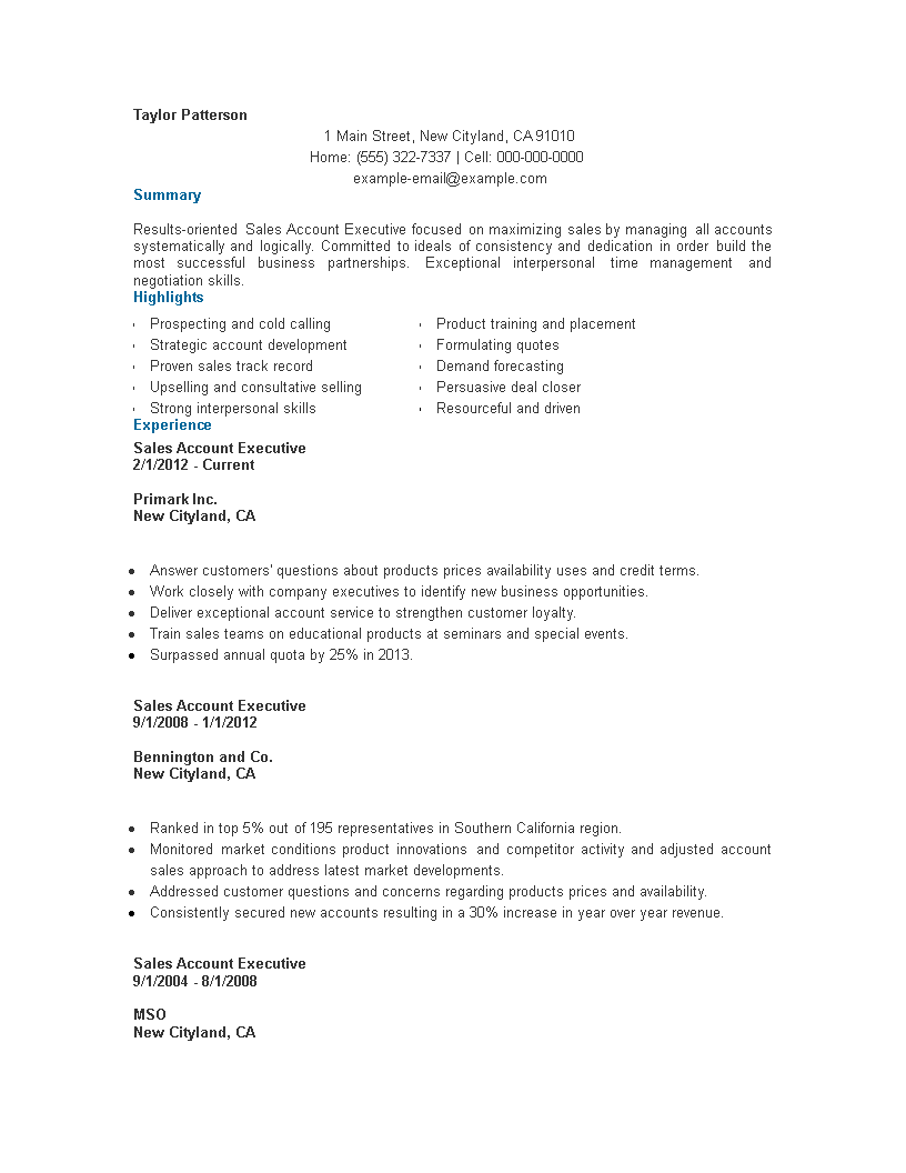 account sales executive resume template