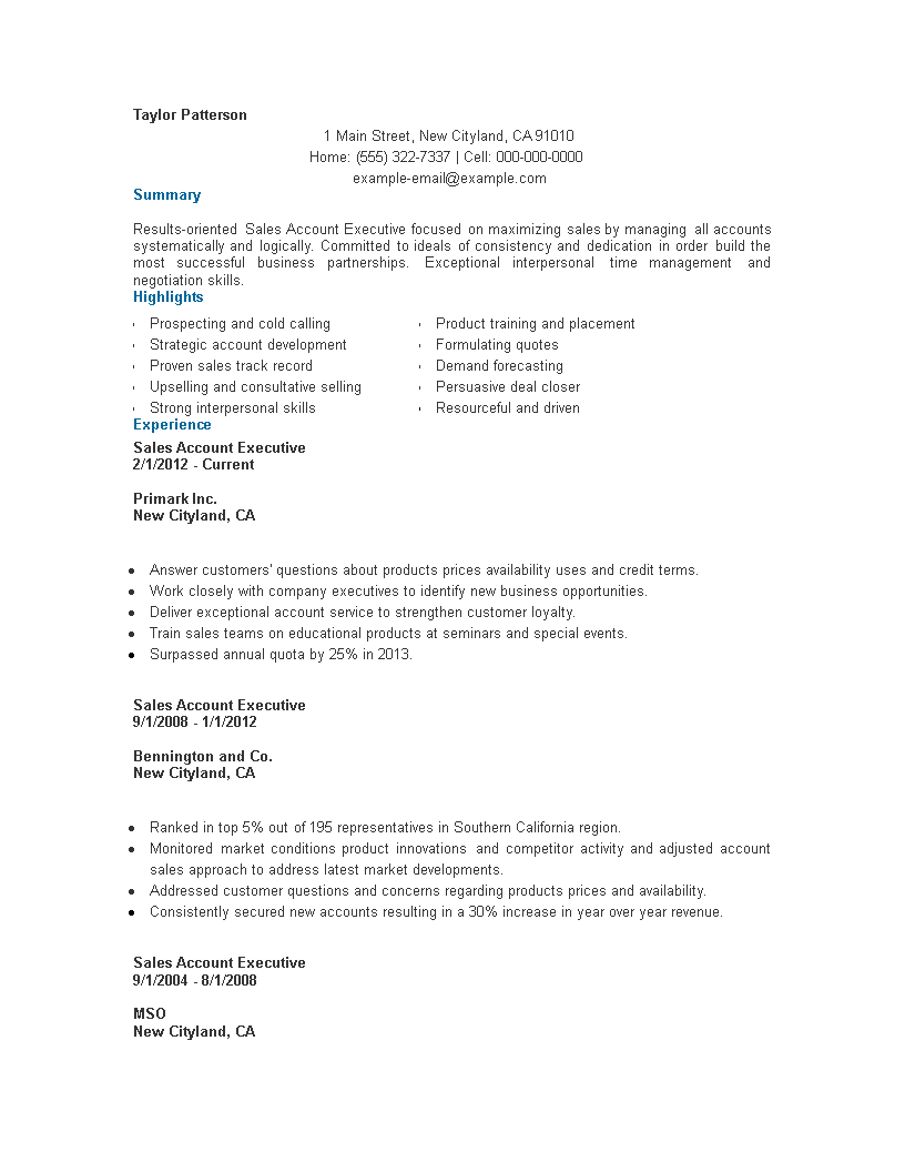 Account Sales Executive Resume 模板