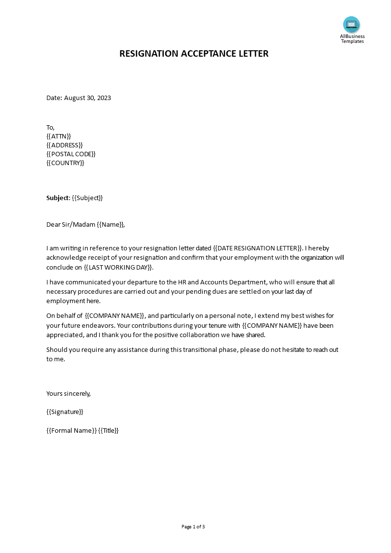 acceptance letter of resignation sample