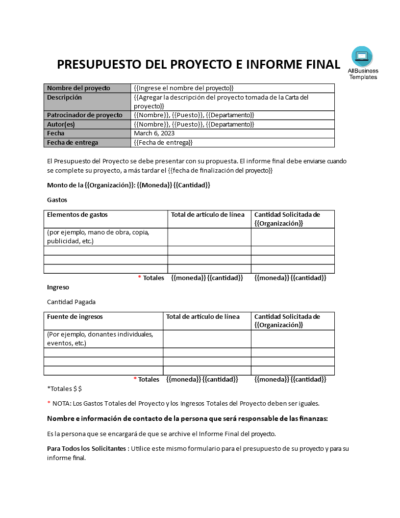 presupuesto del proyecto e informe final Hauptschablonenbild