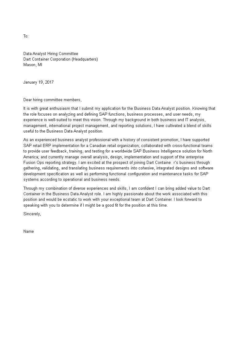 business data analyst application letter template