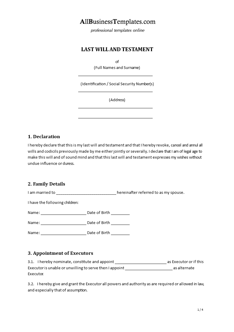 Last Will & Testament  Templates at allbusinesstemplates.com