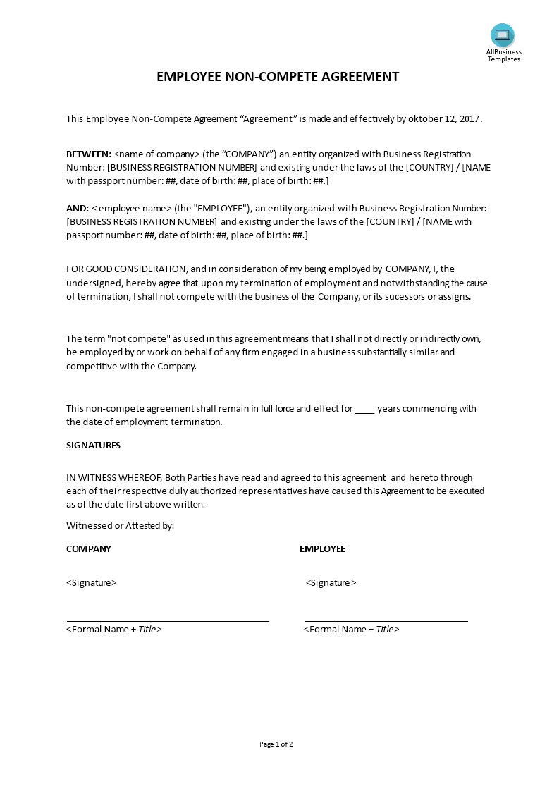 employee non compete agreement template