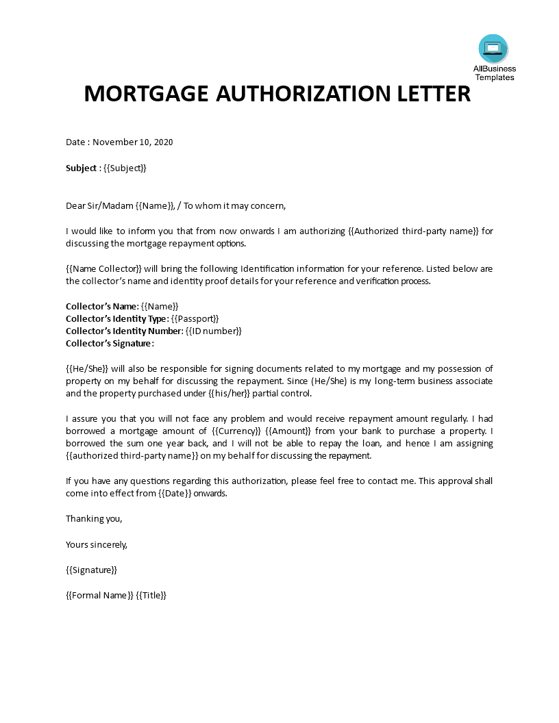 mortgage authorization letter template voorbeeld afbeelding 