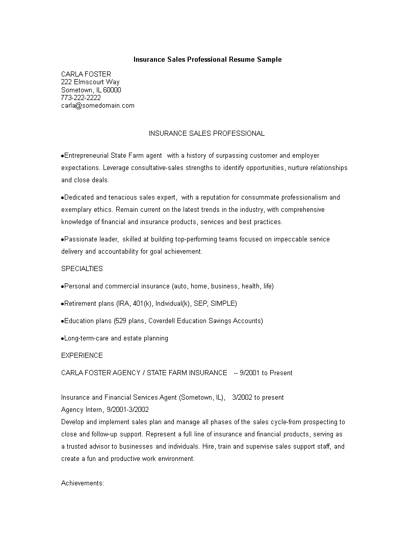 insurance sales executive resume template modèles