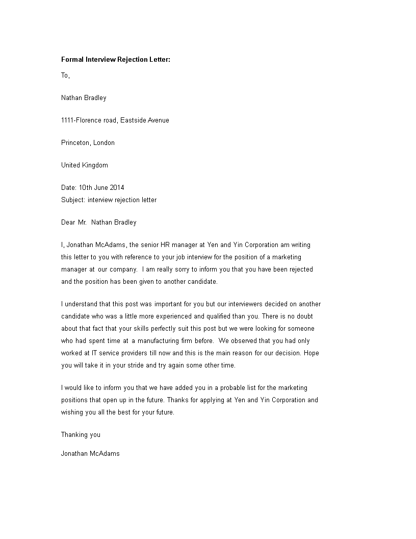 formal interview rejection letter template