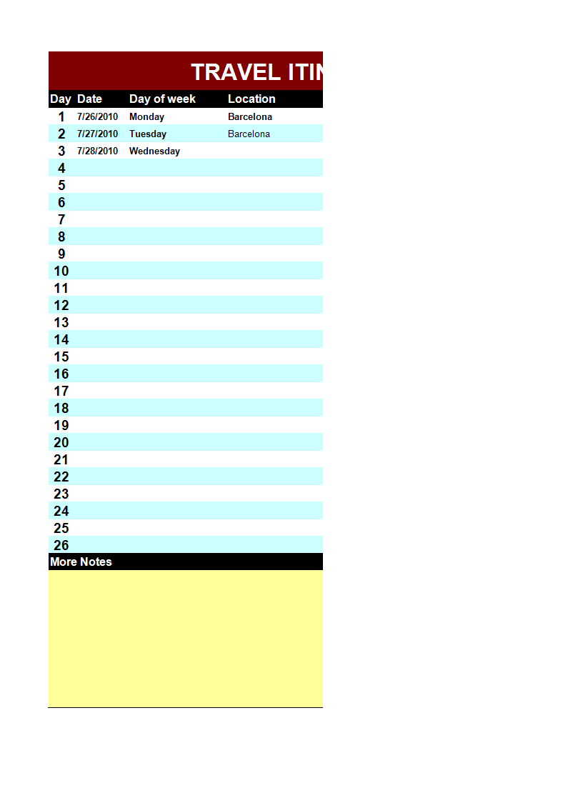 Itinerary for travel 模板