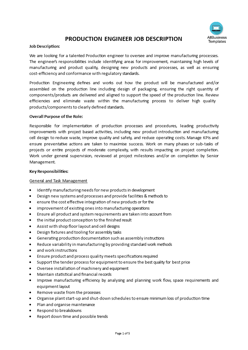 production engineer job description modèles