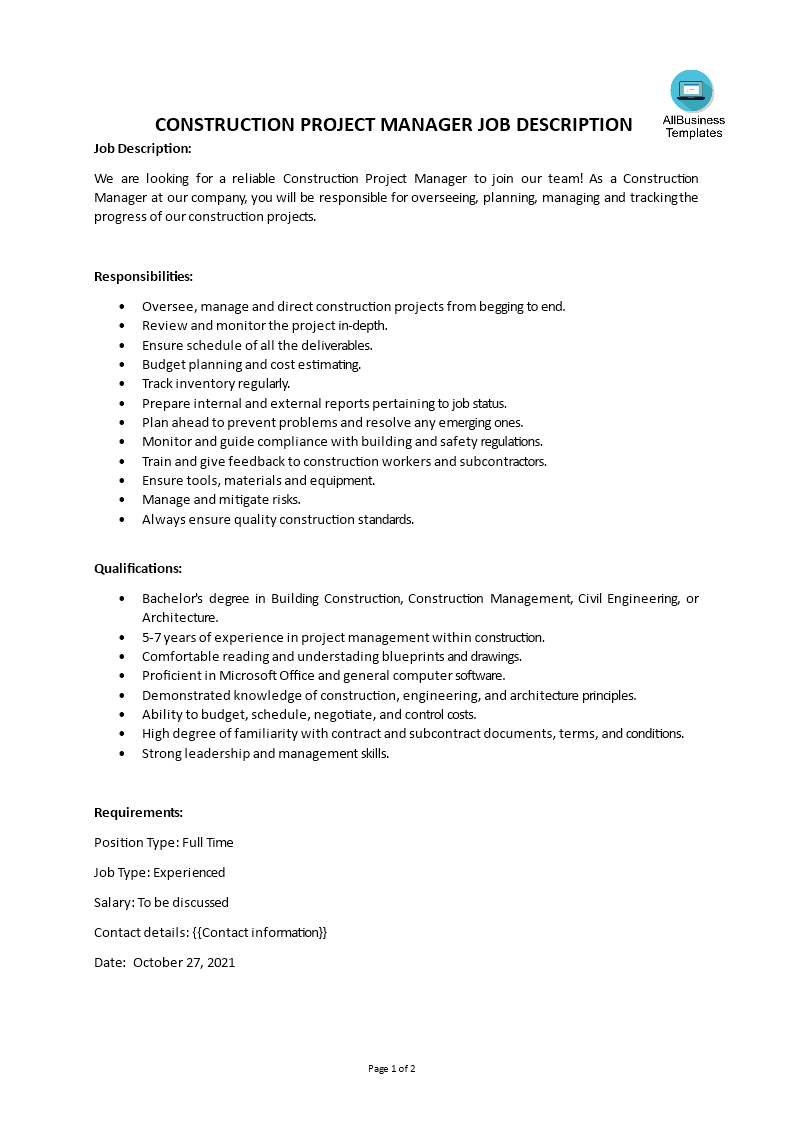 construction project manager job description voorbeeld afbeelding 