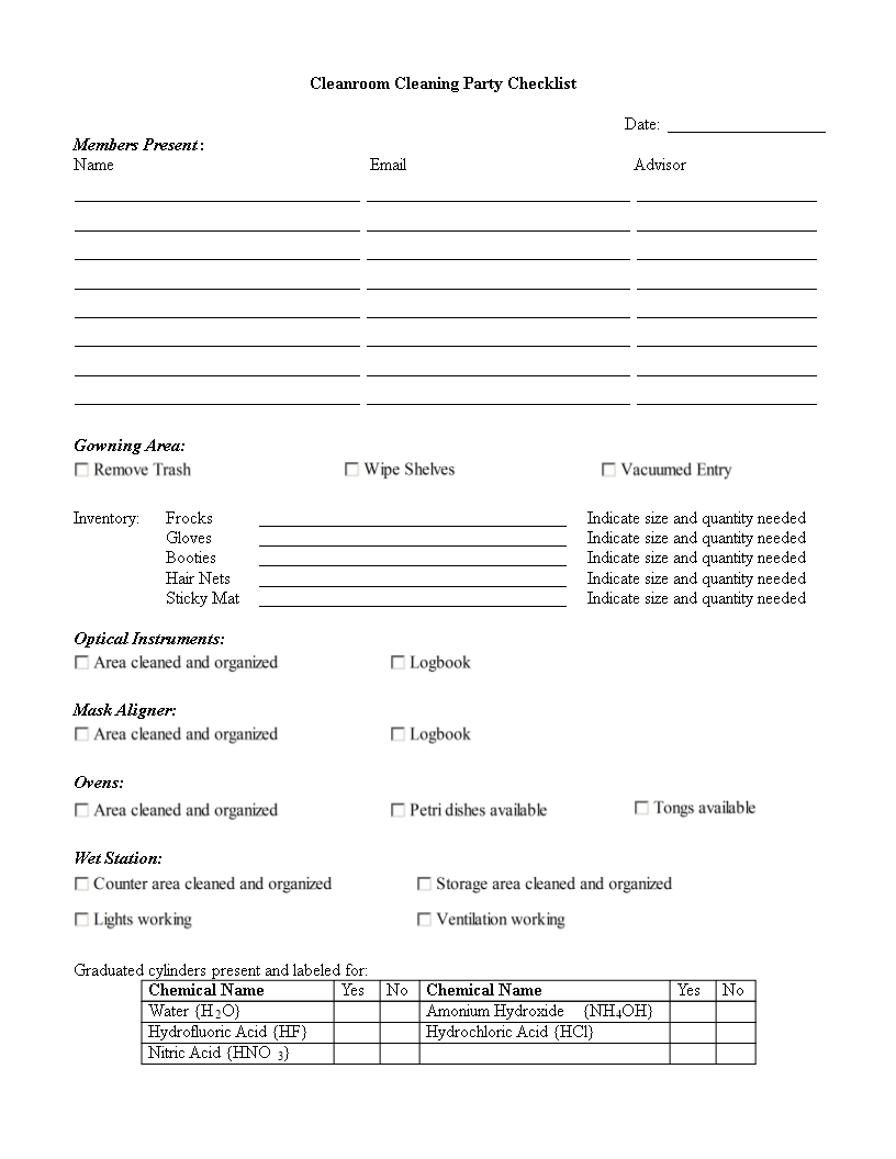 Cleanroom Cleaning Party Checklist main image