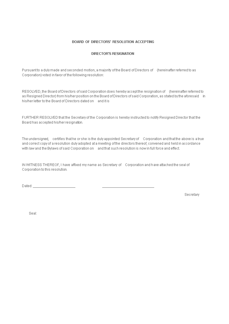 Directors Resignation Acceptance Letter Templates at