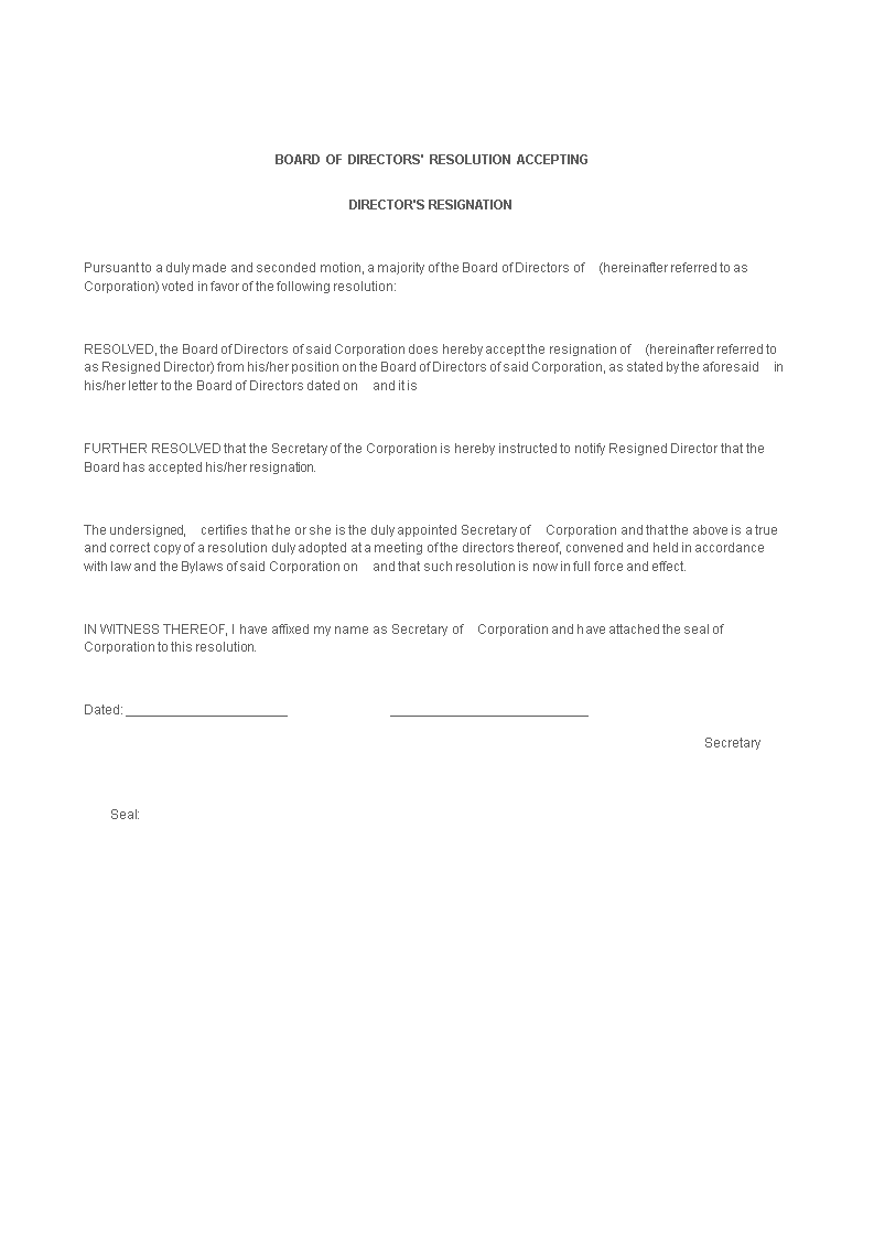 directors resignation acceptance letter template