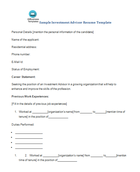 sample investment advisor resume template