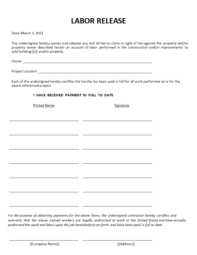 labor lien release form template