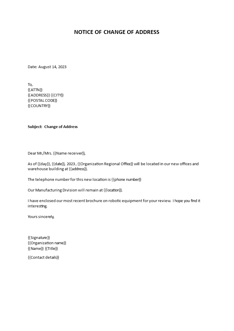 notice of change of address Hauptschablonenbild