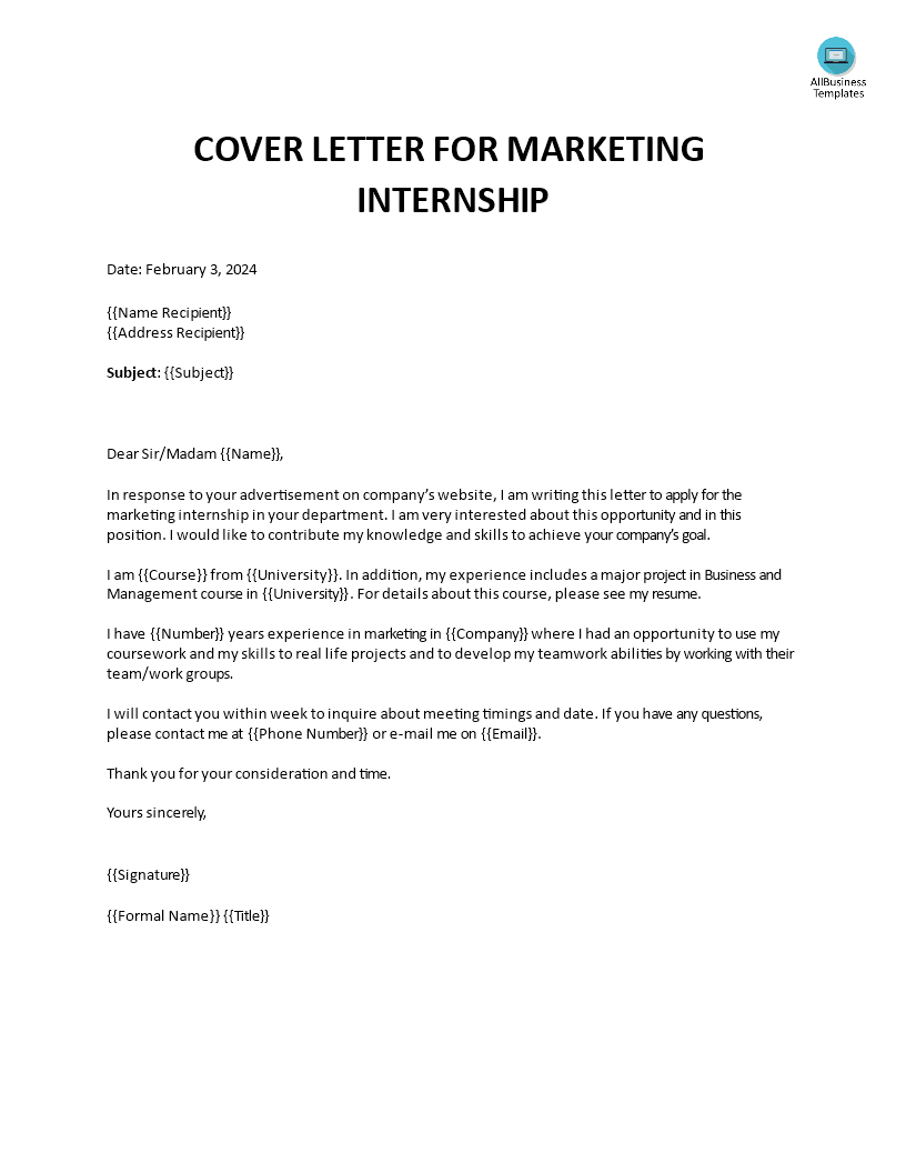 marketing cover letter intern