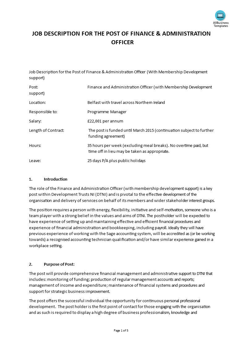 Finance Administration Officer Job Description main image