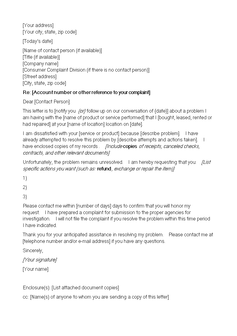 formal business complaint letter modèles