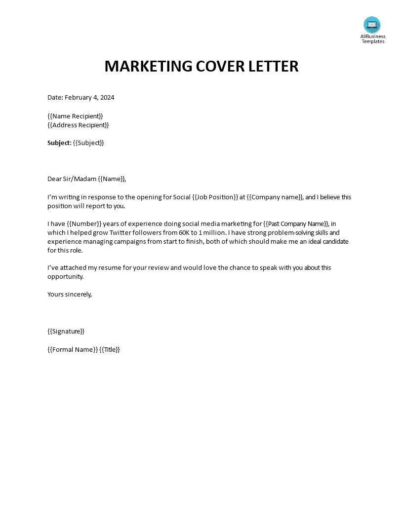 short marketing cover letter plantilla imagen principal