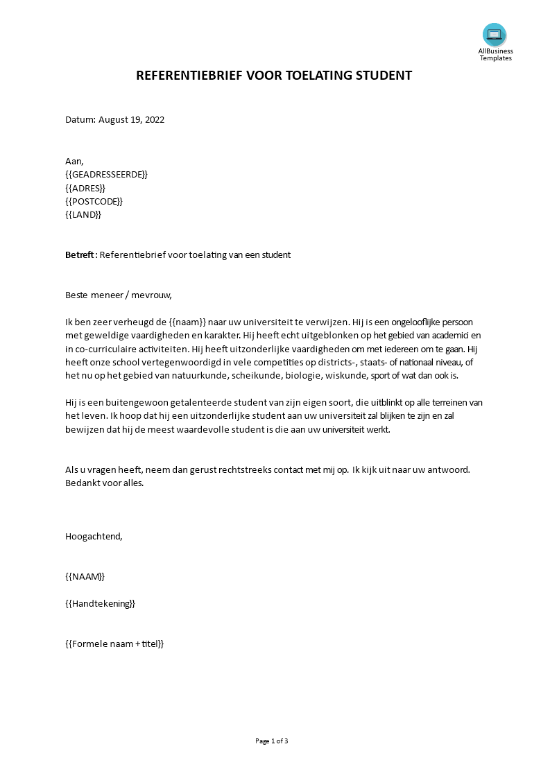 student referentiebrief voorbeeld afbeelding 