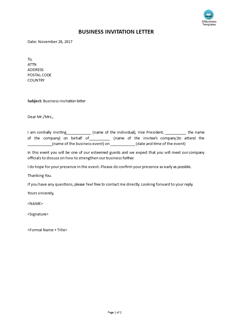 letter of invitation business voorbeeld afbeelding 