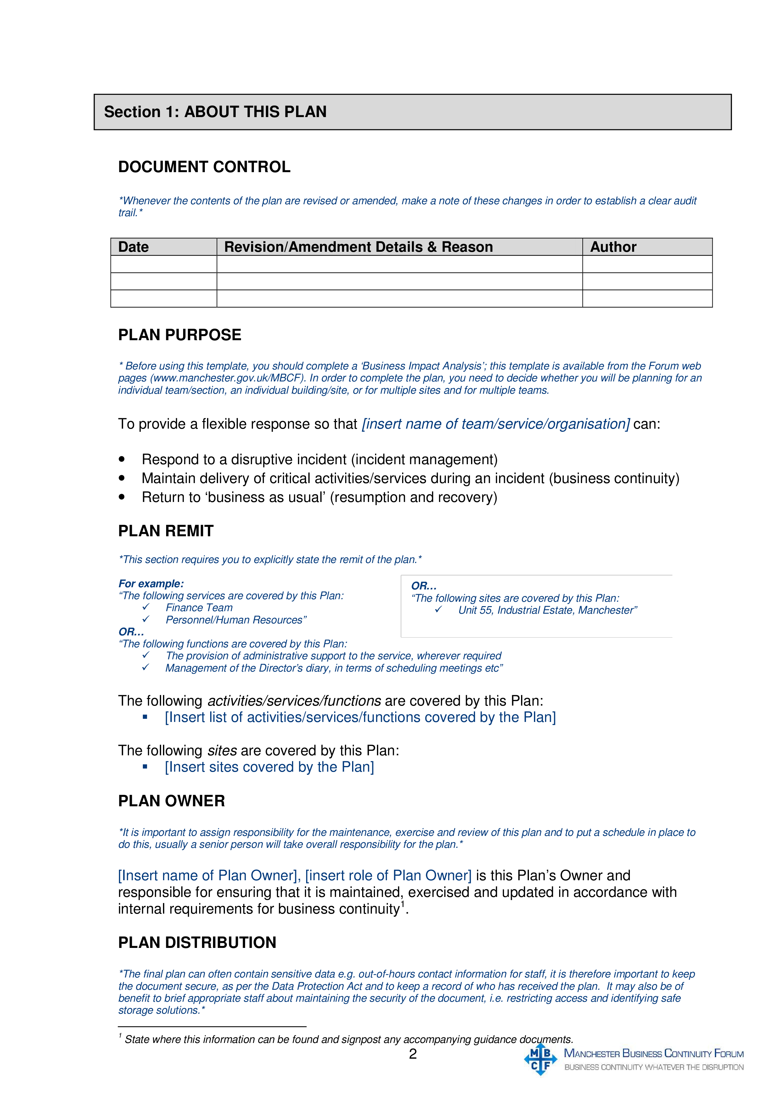 business continuity plan example template